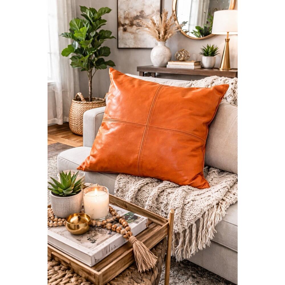 24” Cognac Genuine Leather Throw Pillow Modern Boho Luxe Couch Decor Insert
